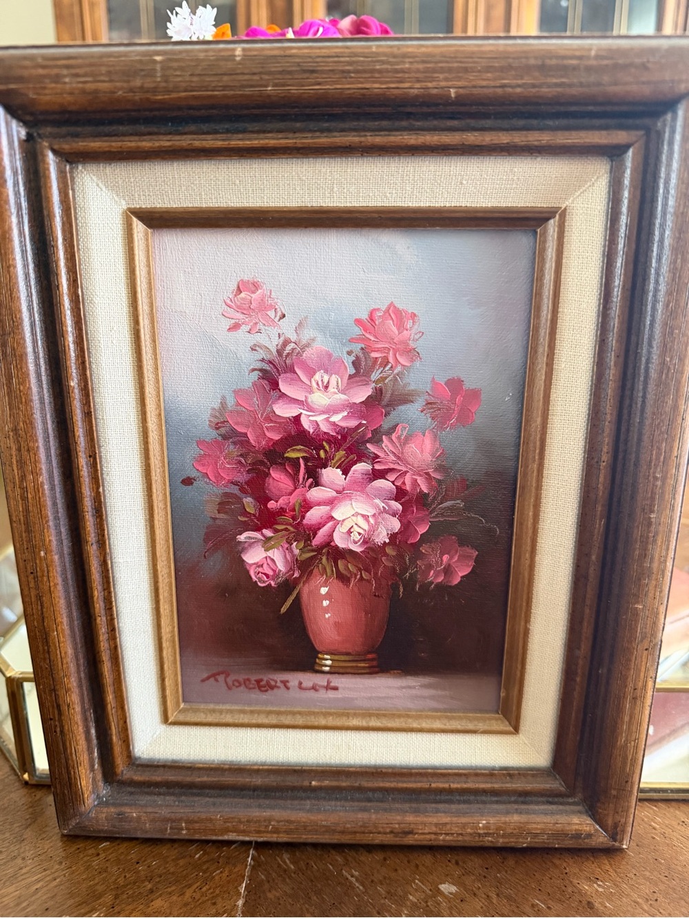 Vintage small Pink Floral Vase Oil Painting - Framed Wall Art